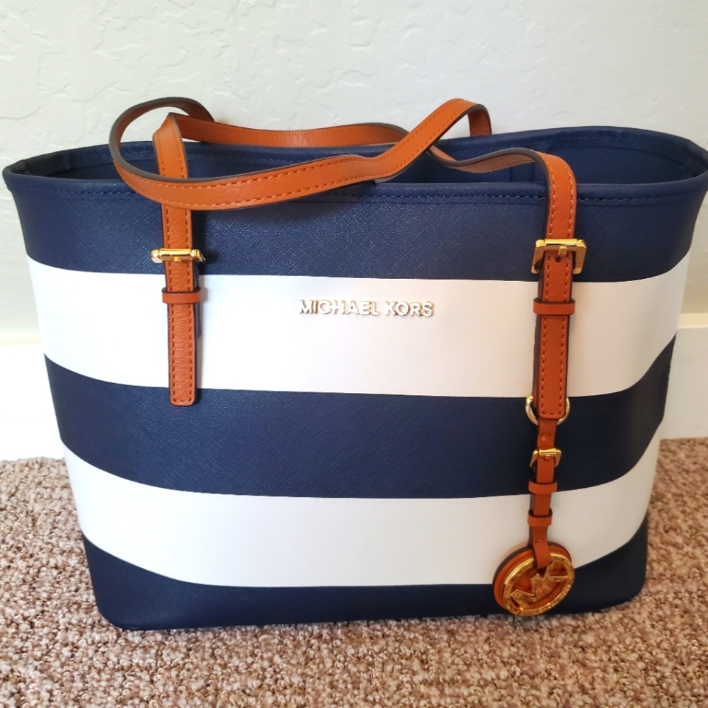 Michael Kors Small Leather Tote Navy & White Striped